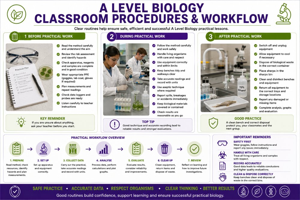 A Level Biology classroom procedures and workflow graphic