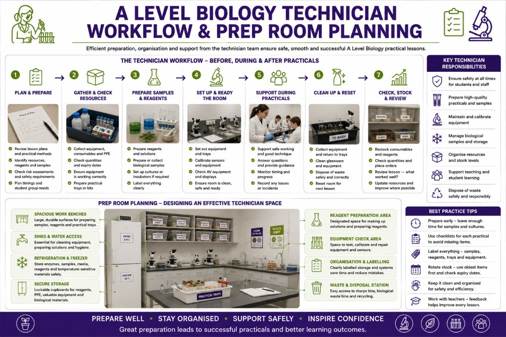 A Level Biology technician workflow and prep room planning graphic