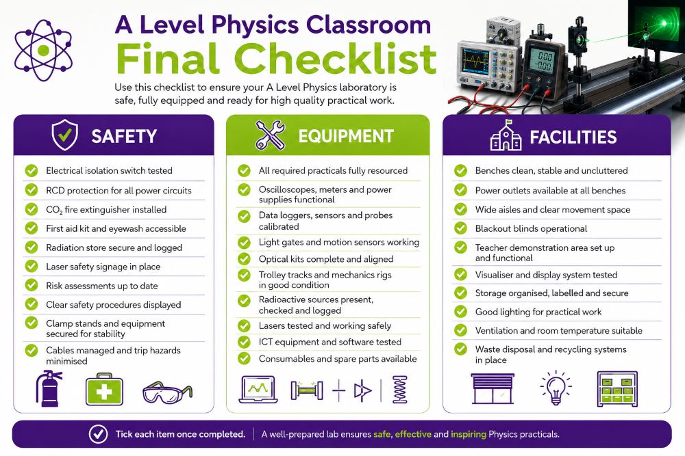 Final A Level Physics classroom setup checklist graphic