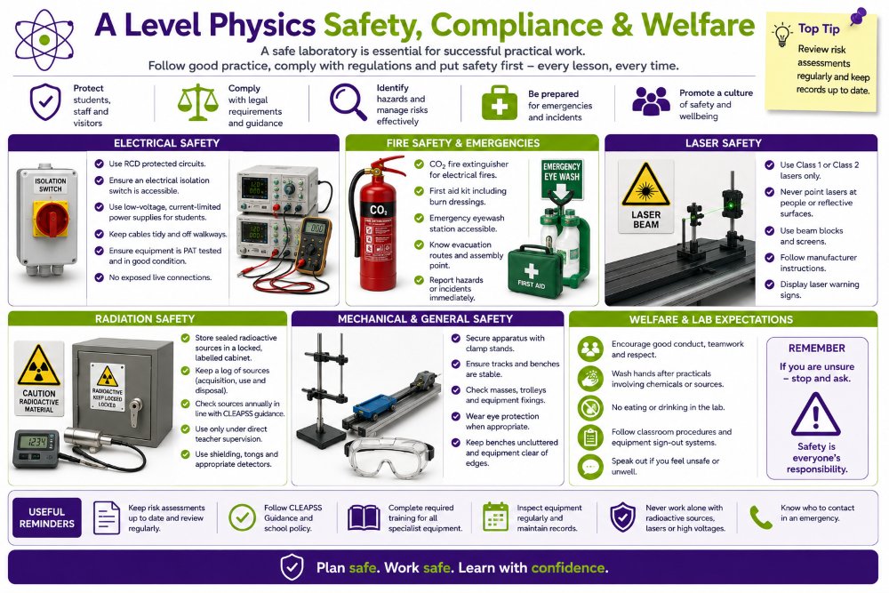 A Level Physics classroom safety compliance and welfare graphic