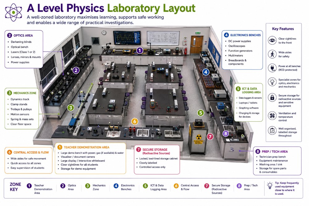 Annotated A Level Physics laboratory layout