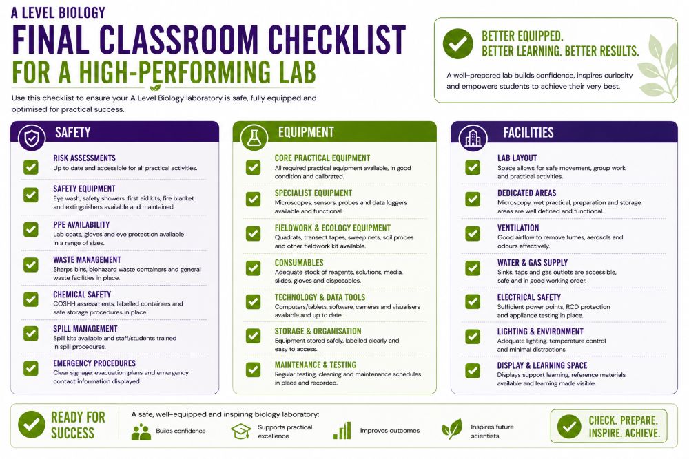 Final A Level Biology classroom setup checklist graphic
