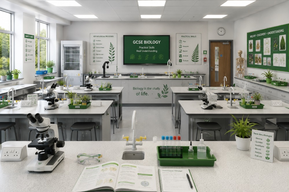 A modern GCSE biology classroom set up for practical science