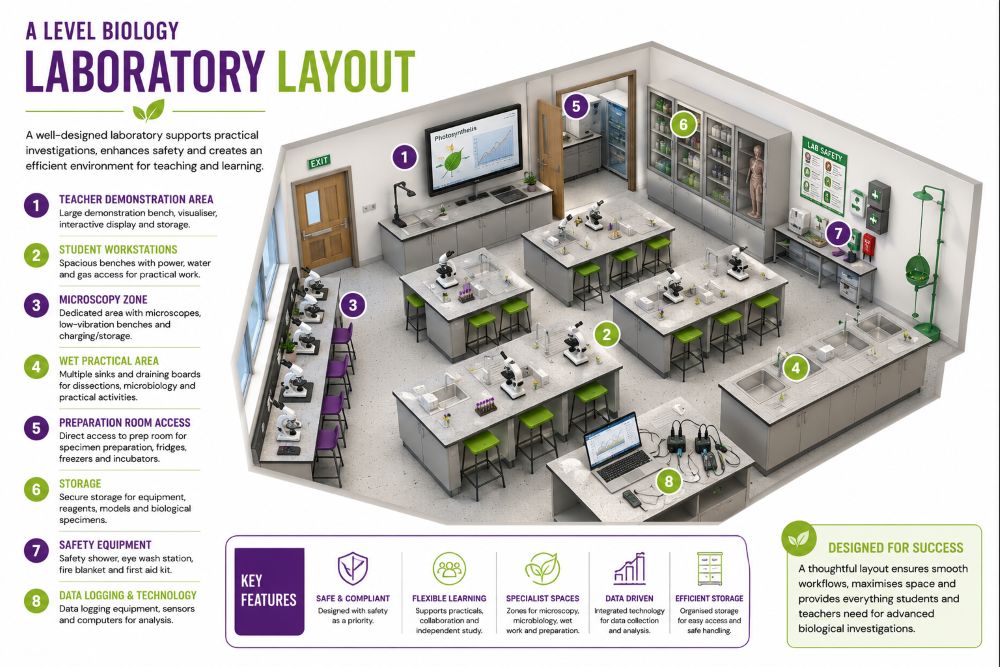Annotated A Level Biology laboratory layout