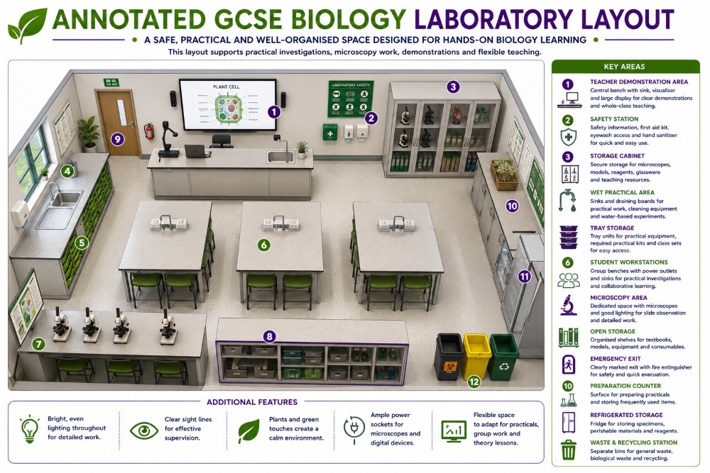 Annotated GCSE Biology Laboratory Layout Graphic