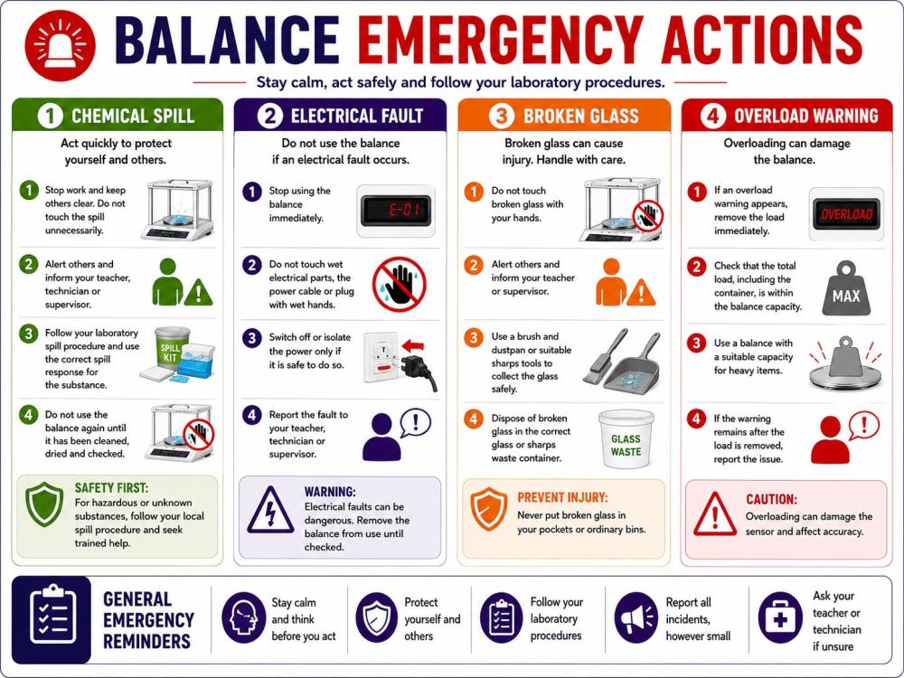 Balance emergency actions for spills faults and broken glass