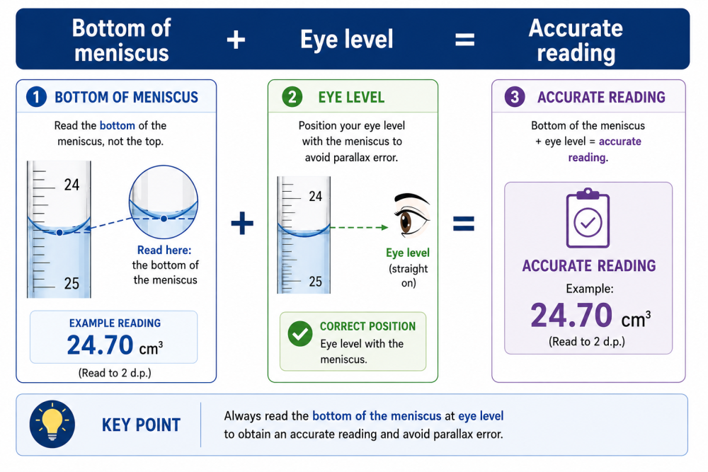 Bottom of meniscus plus eye level equals accurate burette reading