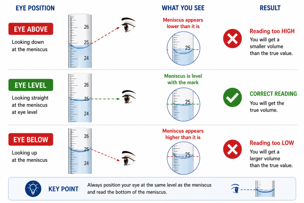 Correct eye position when reading a burette at eye level