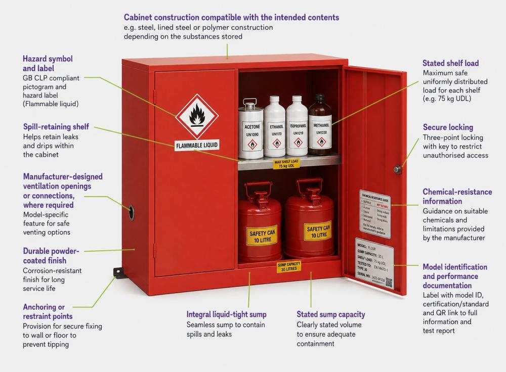 Labelled diagram showing the main parts of a COSHH cabinet including lock, shelves, hazard labels and sump