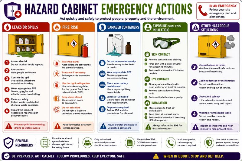 COSHH cabinet emergency actions for leaks, spills, exposure and fire risk