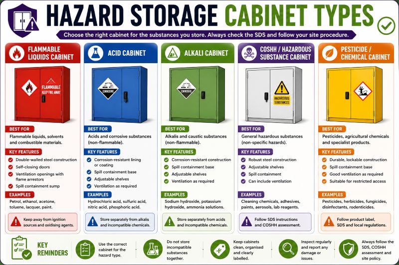 Different COSHH and hazardous substance cabinet types