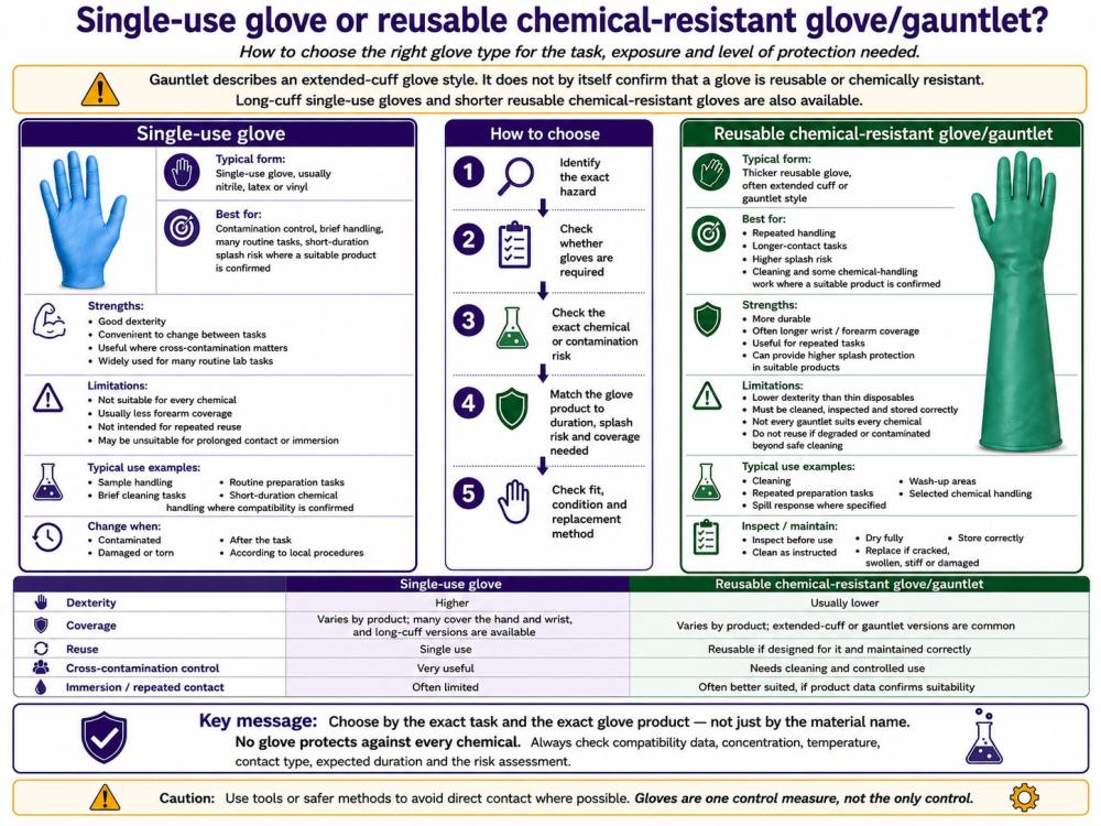 Single-use glove or reusable chemical-resistant glove or gauntlet selection guide