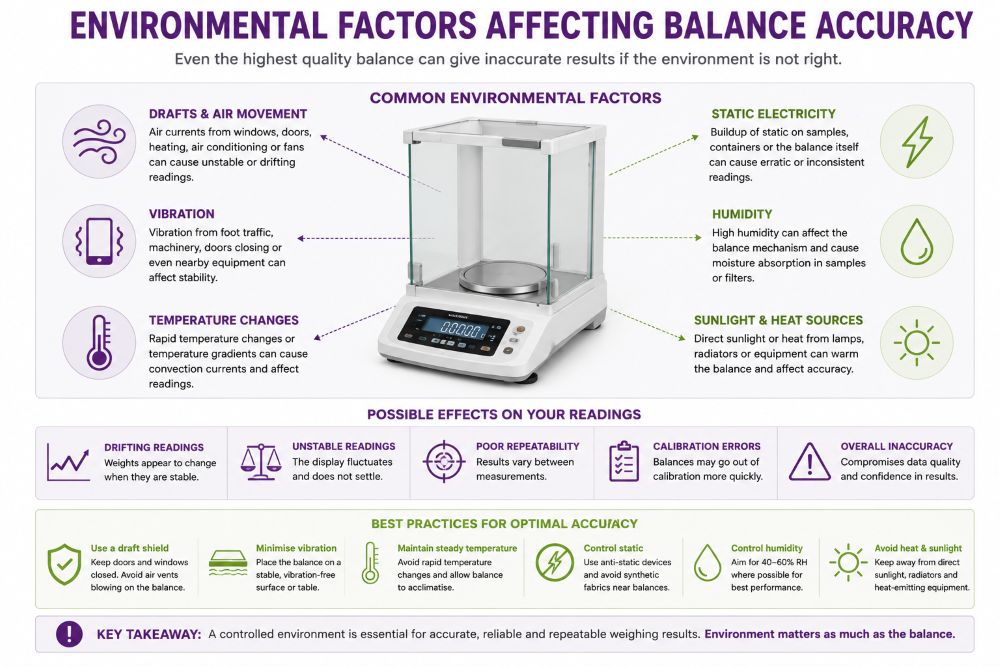 Environmental factors affecting balance accuracy including drafts, vibration, temperature changes, static electricity and humidity