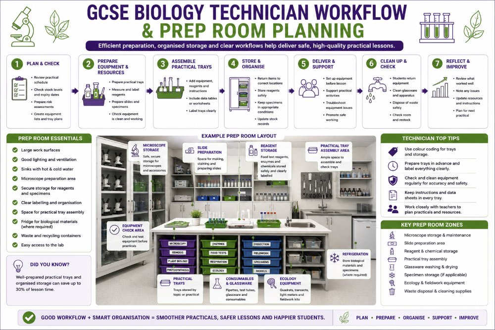 GCSE Biology Technician Workflow and Prep Room Planning Graphic