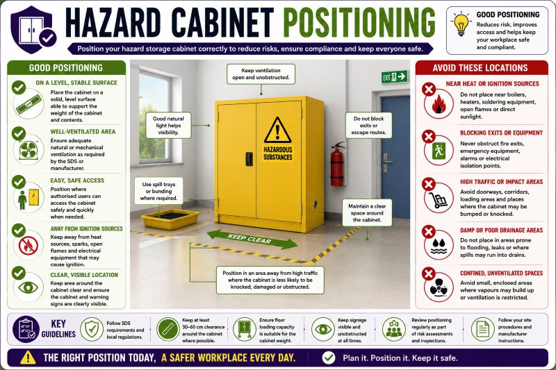 Safe positioning of a hazardous substance storage cabinet