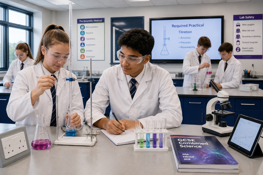Modern KS4 science classroom with students completing GCSE practical science work