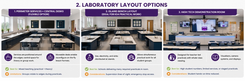 KS4 science laboratory layout options showing perimeter services, island benches and high-tech demonstration room