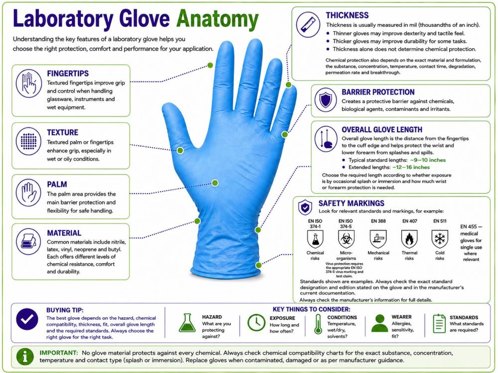 Laboratory glove anatomy showing fingertips, texture, palm, material, thickness, barrier protection, overall glove length and safety markings