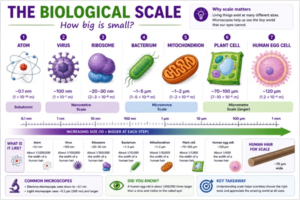 Biological scale showing approximate sizes of atoms viruses ribosomes bacteria mitochondria plant cells and human egg cells