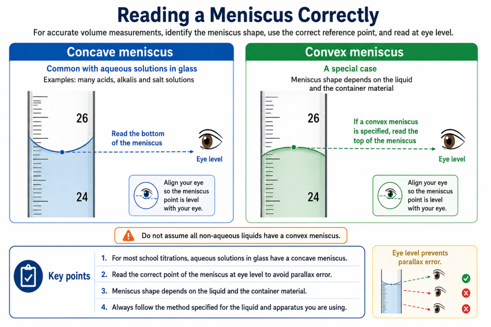 Concave and convex meniscus diagram showing where to read the liquid level