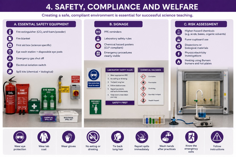 KS4 science classroom safety equipment checklist with icons