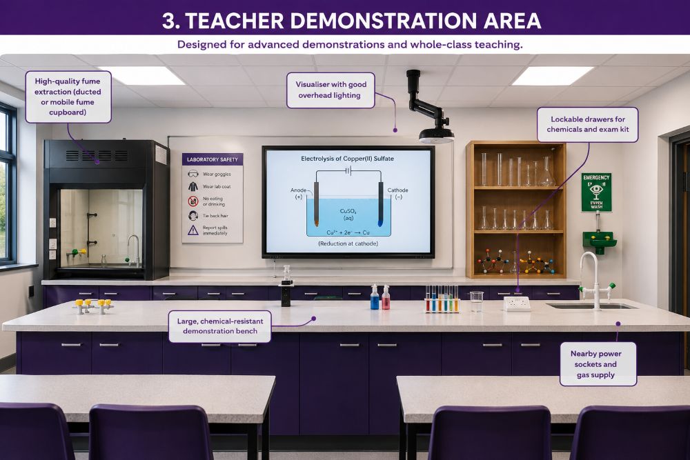 KS4 science teacher demonstration area with visualiser and laboratory equipment