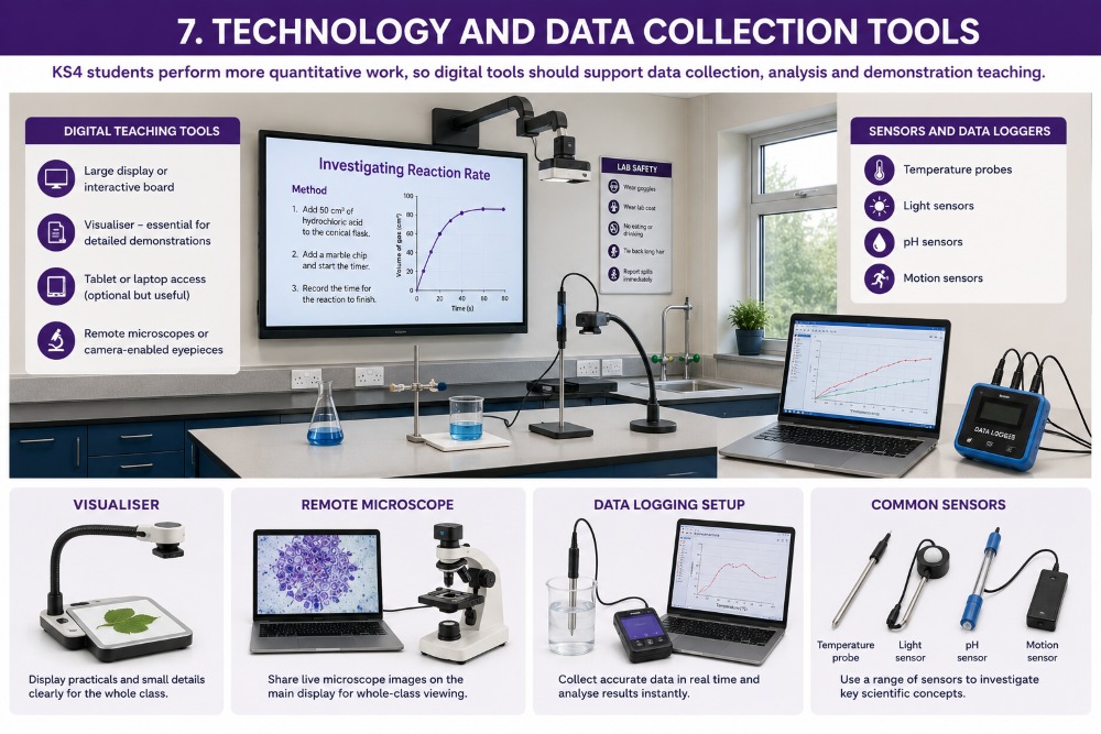 KS4 science classroom technology with visualiser display and data logging equipment
