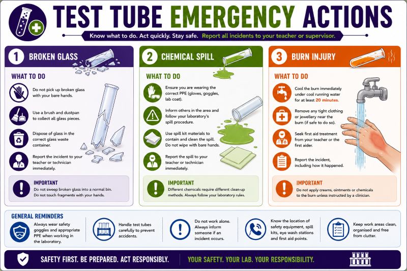 Emergency actions for broken glass, spills and burns involving test tubes