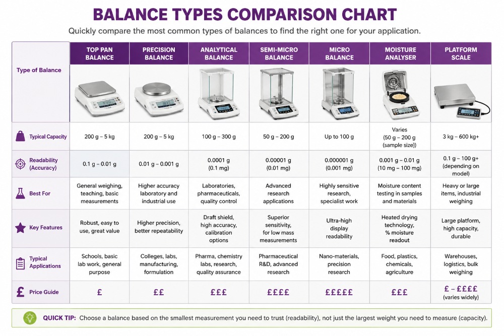 Balance types comparison chart showing top pan, precision, analytical, semi-micro, micro, moisture analyser and platform balances