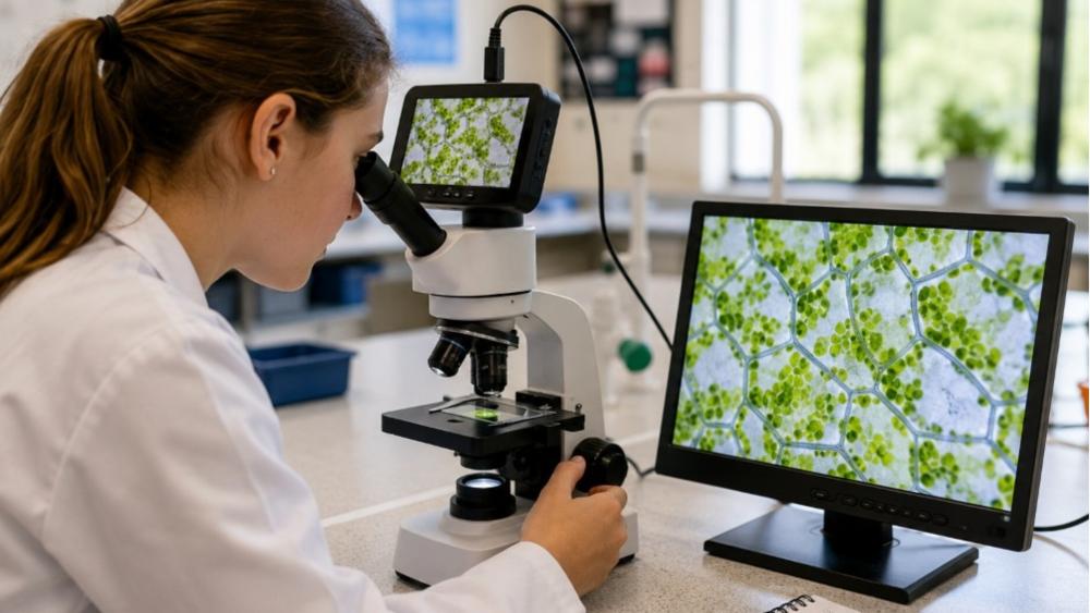 Microscope in use showing microscope viewing and practical laboratory observation