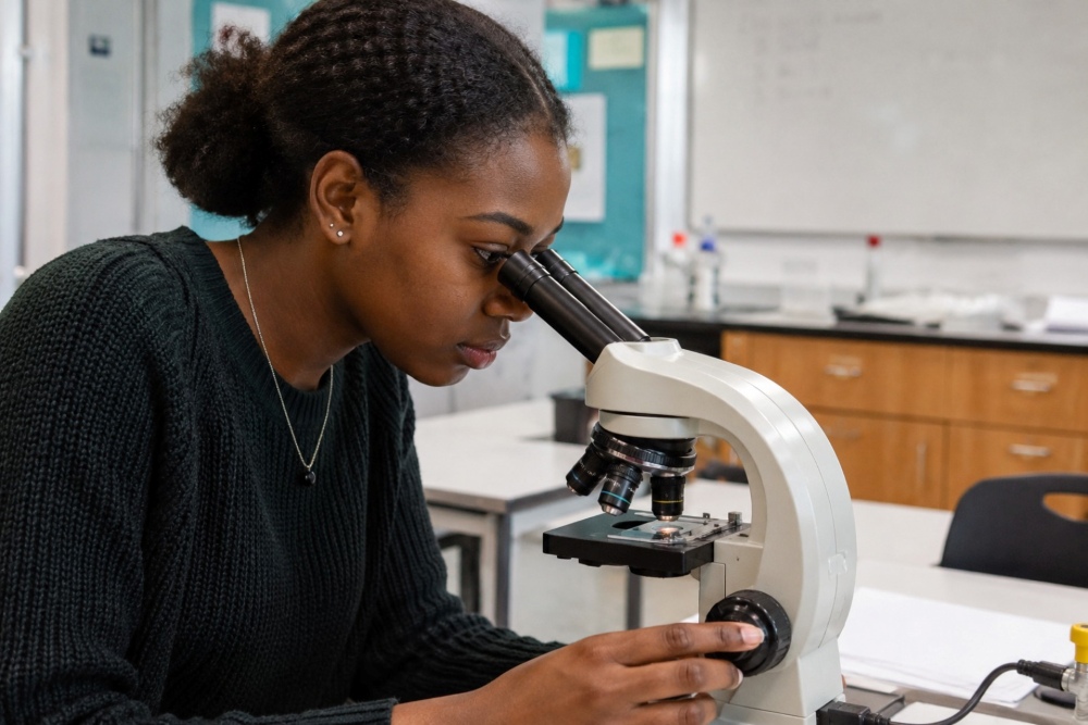 A Level Biology student using a microscope to measure cells