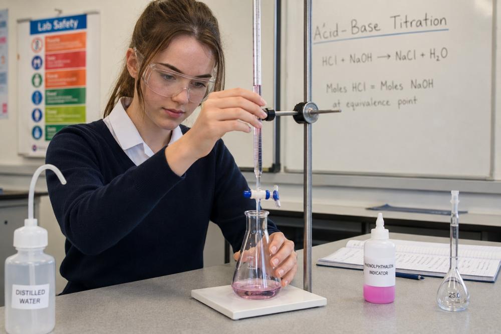 A-Level student carrying out a titration using a burette