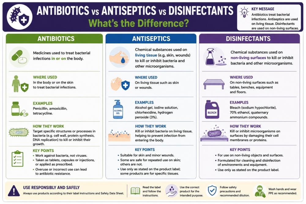 Antibiotics vs antiseptics vs disinfectants