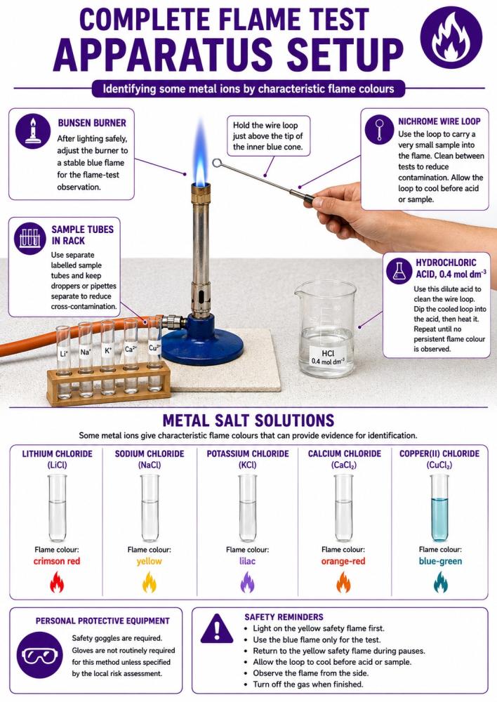 Complete flame test apparatus setup showing a Bunsen burner, heat-resistant mat, nichrome wire loop, dilute hydrochloric acid and labelled metal salt solutions