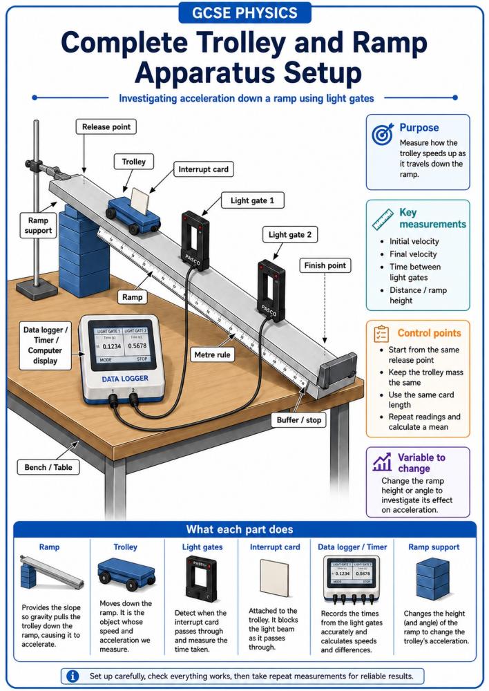 Complete trolley and ramp acceleration apparatus setup with two light gates and a data logger