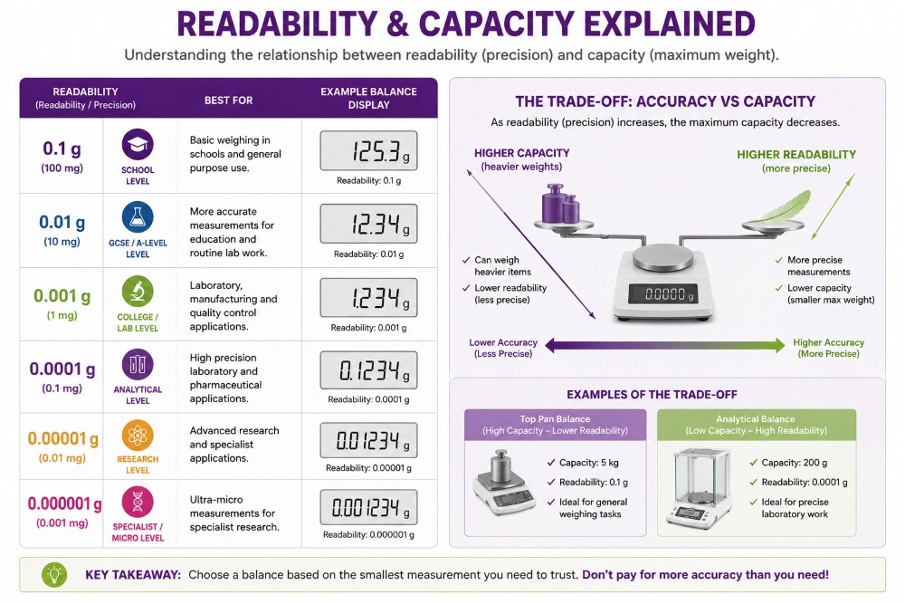 Readability and capacity explained infographic showing balance accuracy levels, maximum capacity trade-off and how to choose the right balance