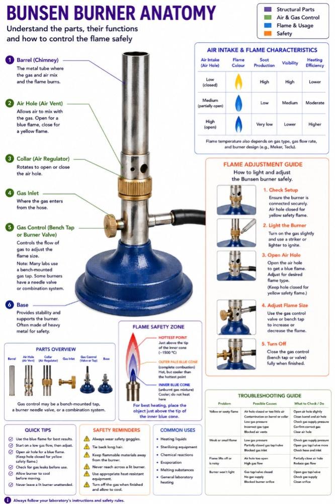 Labelled diagram showing the main parts of a Bunsen burner