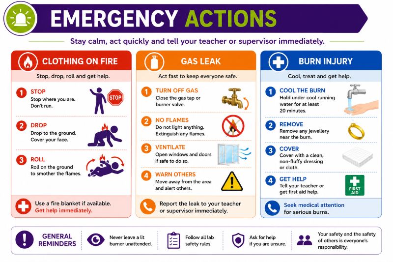 Emergency actions for Bunsen burner incidents