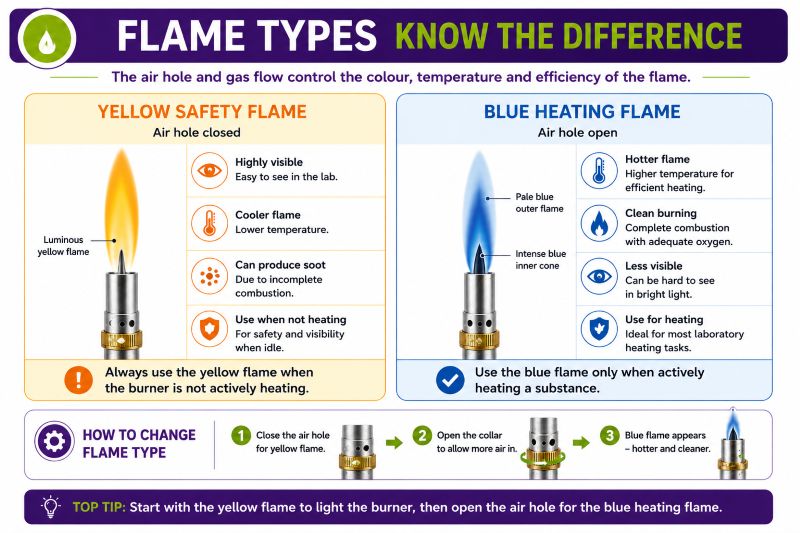 Bunsen burner yellow safety flame and blue heating flame