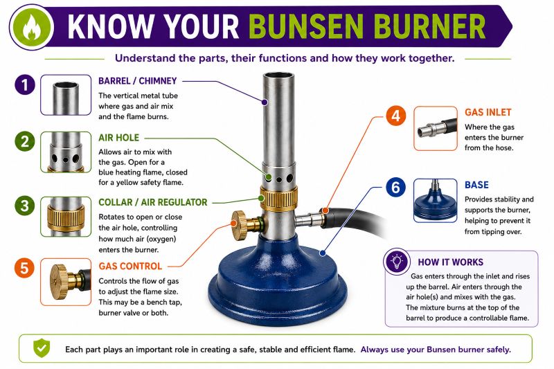 Labelled parts of a Bunsen burner