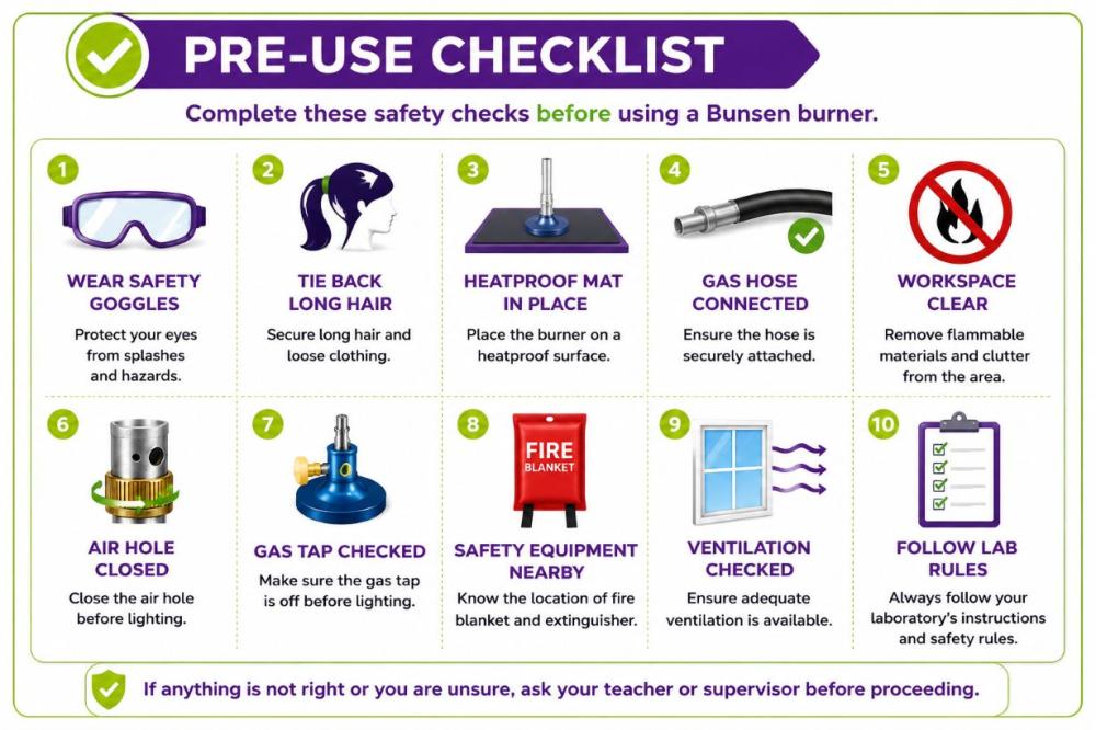 Pre-use safety checklist for using a Bunsen burner