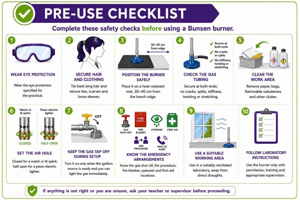 Pre-use safety checklist for using a Bunsen burner