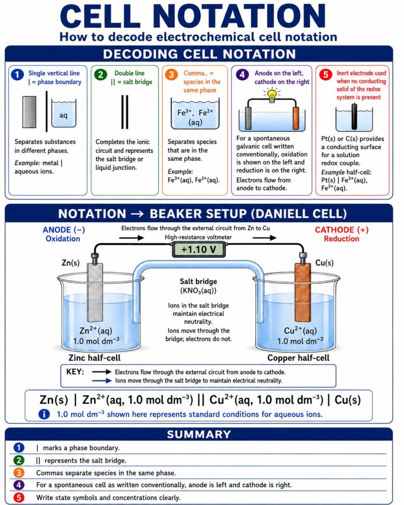 Electrochemical cell notation guide showing phase boundaries, salt bridge, electrode order and inert electrodes