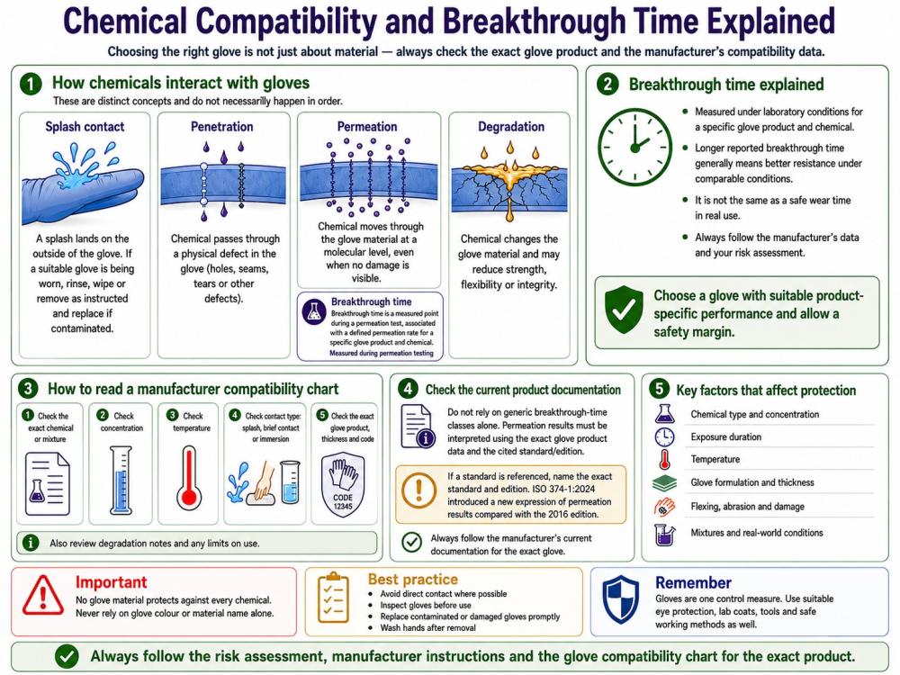 Chemical compatibility and breakthrough time explained, including splash contact, penetration, permeation and degradation