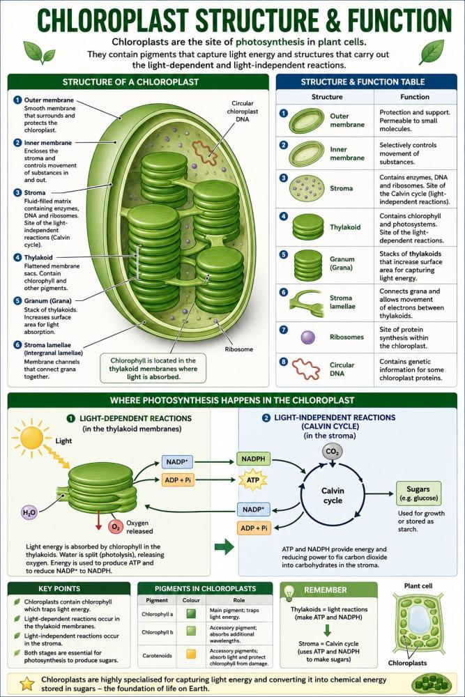 Chloroplast structure and function infographic showing thylakoids grana stroma light dependent reactions and Calvin cycle
