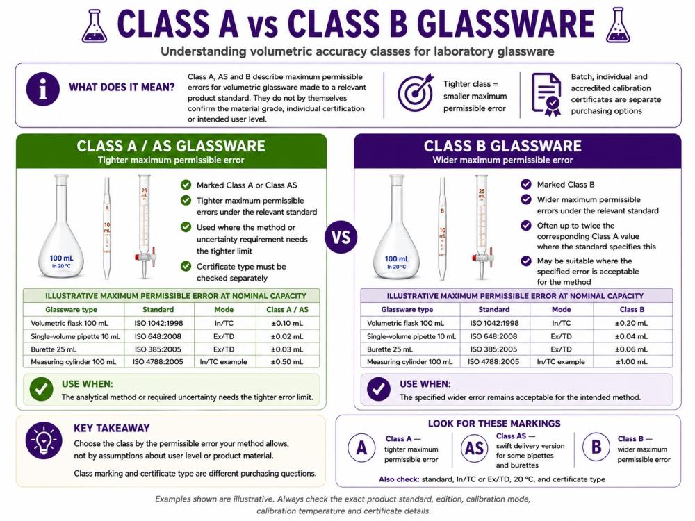 Class A vs Class B glassware comparison infographic explaining accuracy grades, tolerances, calibration, best uses and markings for volumetric laboratory glassware