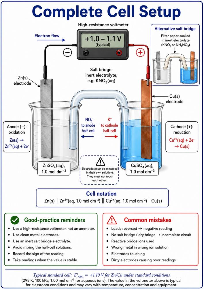 Complete zinc-copper electrochemical cell setup with salt bridge, voltmeter and lead polarity