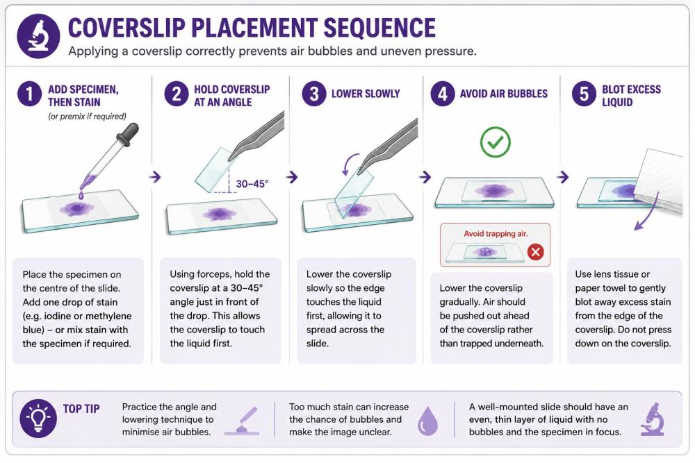 Coverslip placement sequence showing adding specimen adding stain lowering coverslip at an angle and blotting excess liquid