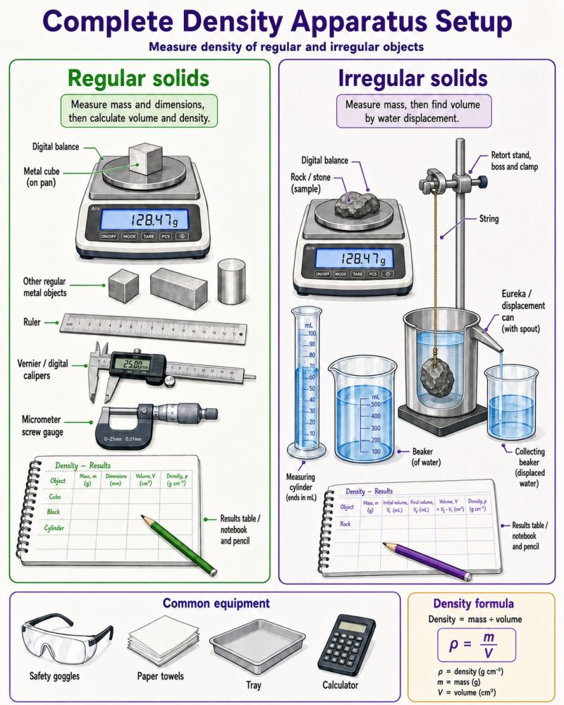 Complete density apparatus setup for regular and irregular solids