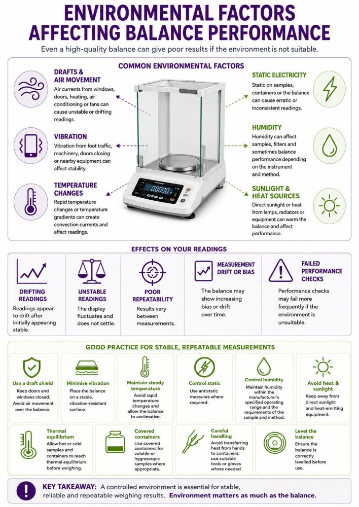 Environmental factors affecting balance accuracy including drafts, vibration, temperature changes, static electricity and humidity